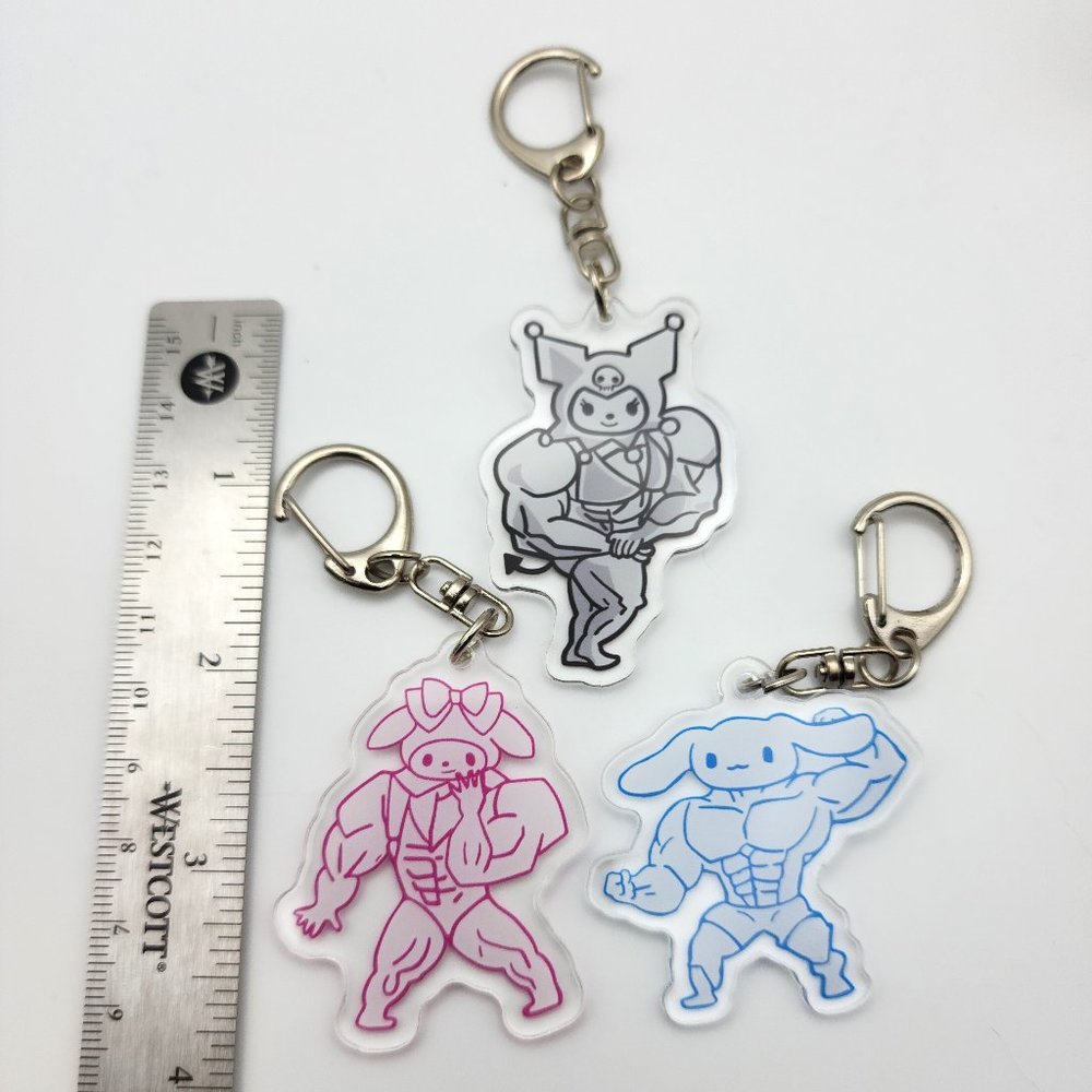 Sanrio Hello Kitty Funny Buff Muscular Double Sided Acrylic Keychain Lot of 3